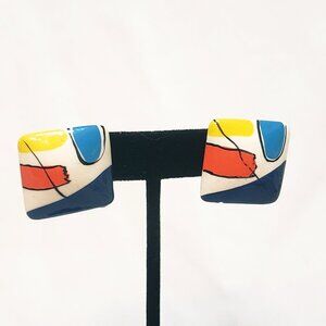 Square Vintage 1980s Abstract Crazy Design Pierced Earrings 1" Plastic Colorful